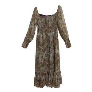 Betsey Johnson Brown Animal Print Cheetah Smocked Printed Chiffon Midi Large